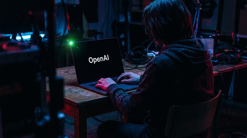 Person using a laptop with the OpenAI logo in a dark room, illustrating the OpenAI device leak claim involving Apple